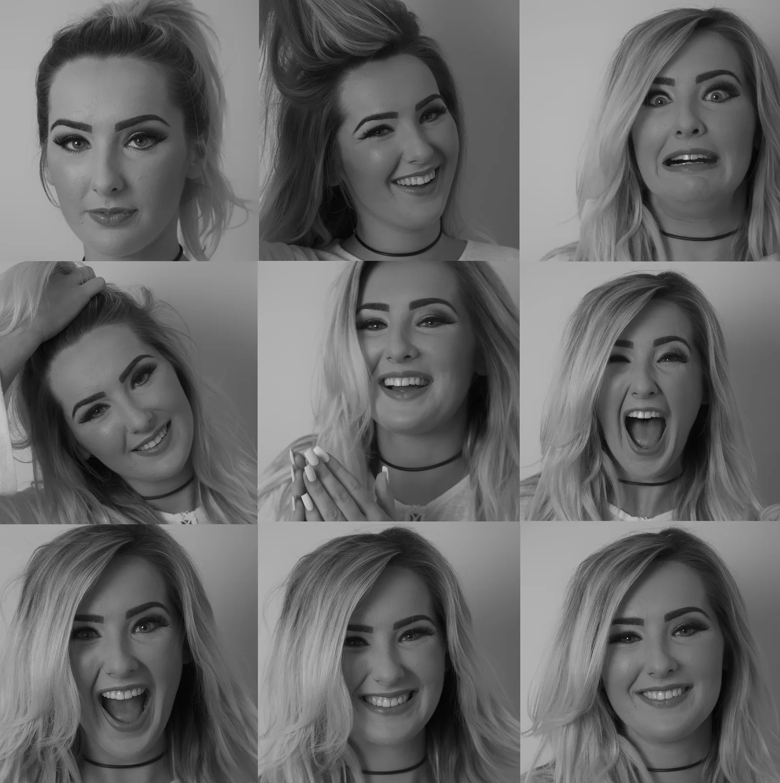 A grid of nine black-and-white portraits, each holding a different expression.