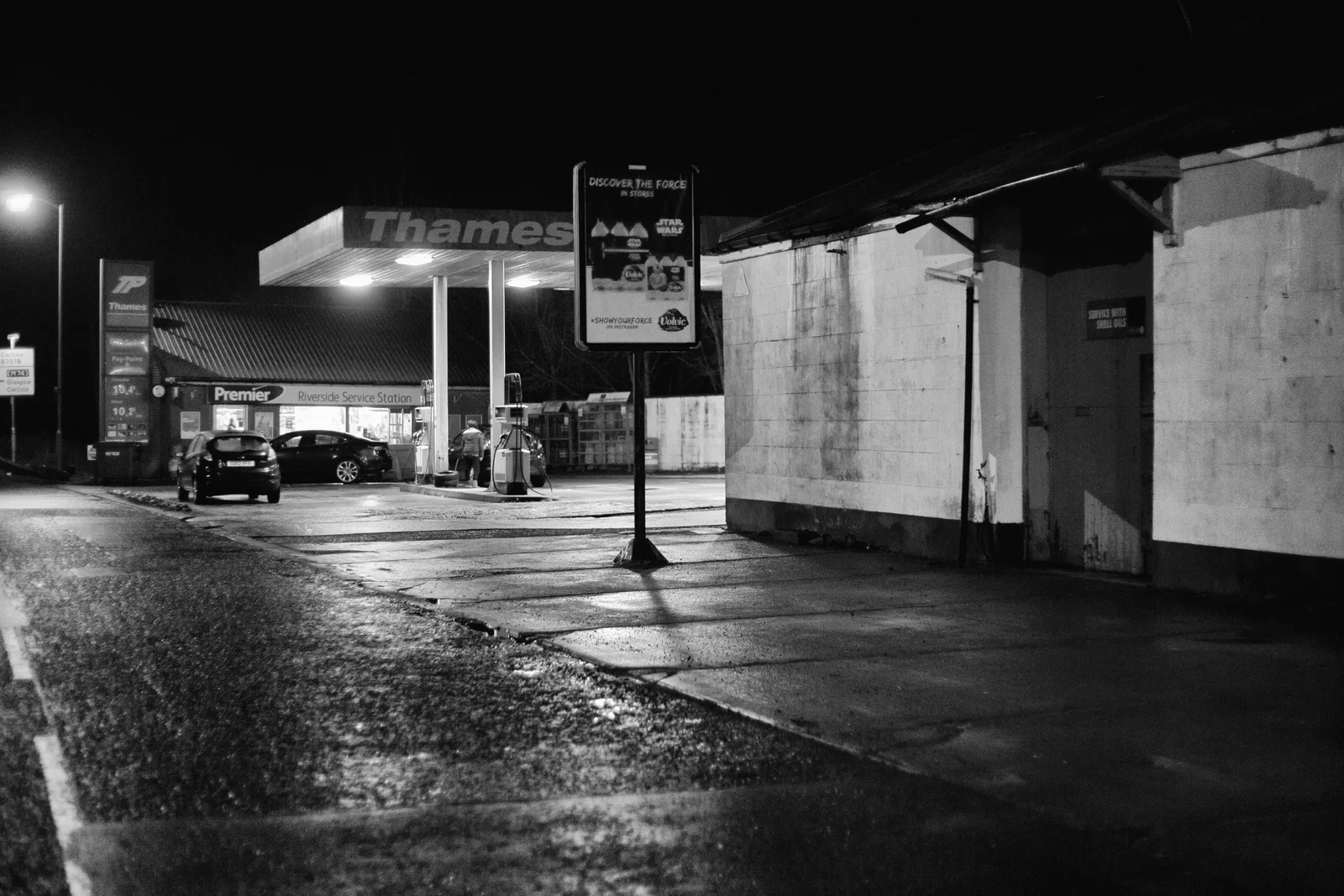 A closed building stands in the quiet after its working day has ended.